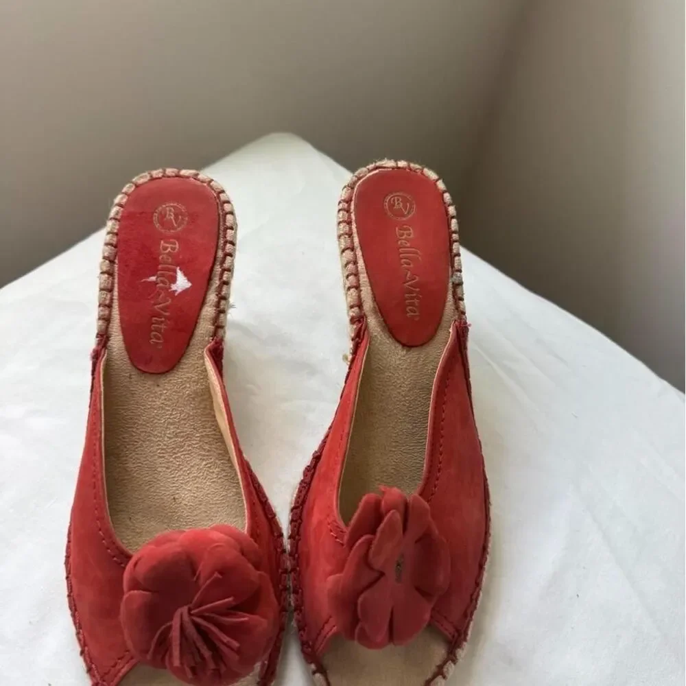 Bella Vita Red Leather Floral Espadrille Block Heel Mules Y2K Vintage Cottage 8